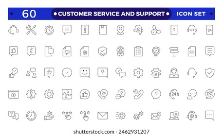 Customer Service and Support - Outline Icon Collection.Thin-line modern style of customer service icons: feedback, technical support, assistance, information, and more. 