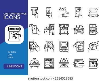 Customer Service and Support - Outline Icon Collection. Thin-line modern style of customer service icons: feedback, technical support, assistance, information, and more.