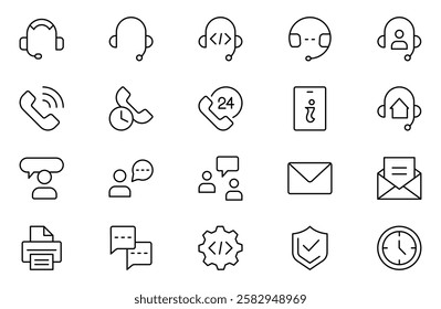 Customer Service and Support - Outline Icon Collection.Thin-line modern style of customer service icons: feedback, technical support, assistance, information, and more. Editable stroke outline icon.