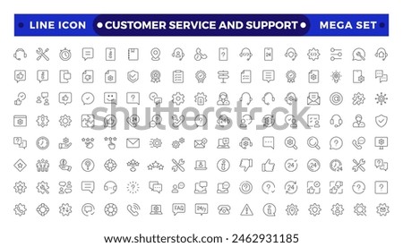 Customer Service and Support - Outline Icon Collection.Thin-line modern style of customer service icons: feedback, technical support, assistance, information, and more. 


