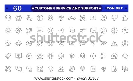 Customer Service and Support - Outline Icon Collection.Thin-line modern style of customer service icons: feedback, technical support, assistance, information, and more. 