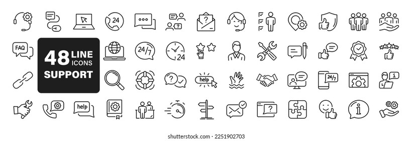 Customer Service and Support set of web icons in line style. Support and Help icons for web and mobile app. Online assistance, email, customer service, contact, help, helpdesk, feedback, 24 hrs