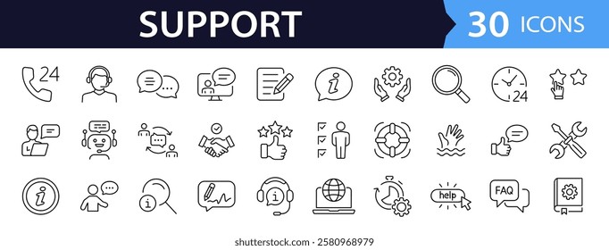 Customer Service and Support set of web icons in line style. Support and Help icons for web and mobile app. Online assistance, email, customer service, contact, help, helpdesk, feedback, 24 hrs