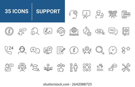 Customer Service and Support set of web icons in line style. Support and Help icons for web and mobile app. Online assistance, email, customer service, contact, helpdesk, feedback. Vector Illustration