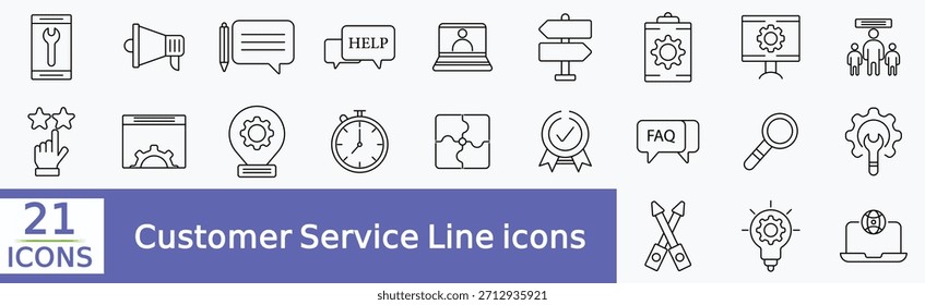Servicio al cliente y Asistencia conjunto de iconos web en estilo de línea. Iconos de Asistencia y ayuda para el Web y el App móvil.