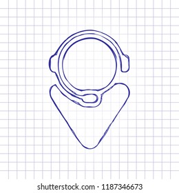 customer service. support service. simple icon. Hand drawn picture on paper sheet. Blue ink, outline sketch style. Doodle on checkered background