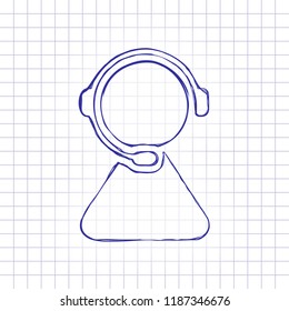 customer service. support service. simple icon. Hand drawn picture on paper sheet. Blue ink, outline sketch style. Doodle on checkered background