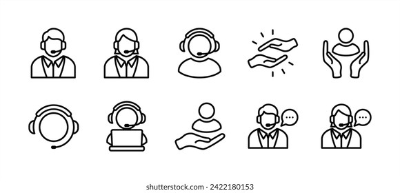 Customer service and support thin line icon set. Containing communication and help instruction for assistance, operator, call center and technical support. Vector illustration