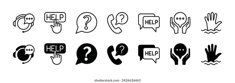 Customer service and support thin line icon set. Containing help, contact buttons, question mark, chat speech bubble, call center, and hand. Vector illustration