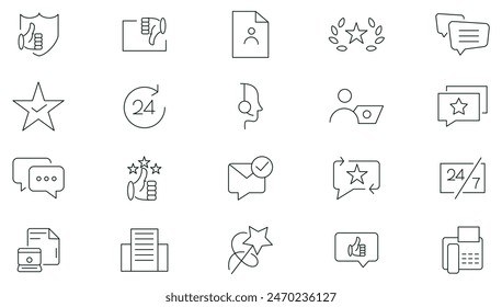 Customer service and support thin line icon set. Satisfaction, Support, Helpdesk, Response, Feedback, FAQ, assistance, experience, operator, and technical support icons pack.