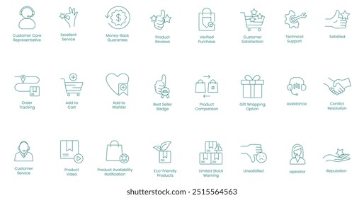 Customer Service and Support Vector Icons Featuring Care Representative, Money Back Guarantee, and Product Reviews