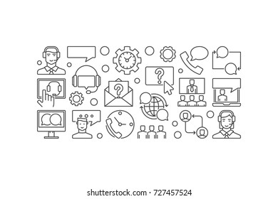 Customer service and support vector outline horizontal banner or illustration on white background