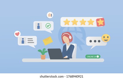 customer service support,call center operator advises client online,24 hours hotline,woman with headphones and microphone with laptop,Vector illustration.