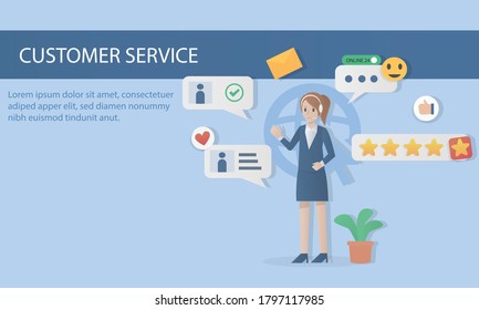 servicio de atención al cliente, operador de centro de llamadas asesora al cliente en línea, línea directa las 24 horas, mujer con audífonos y micrófono con sonrisa de signo emotiji, clasificación de estrellas,me gusta,ilustración de vector.