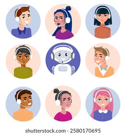 Customer Service Team with Human and AI Assistants icons. Set of diverse customer support representatives wearing headsets, chatbot assistant for call centers, online support,virtual assistance.Vector