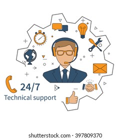 Customer Service, Technical Support, Call Center. Vector Illustration, Flat Design.