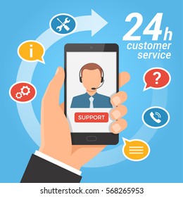 Customer service and technical support call center concept. Hand holding smartphone with male operator on the screen. Vector illustration.