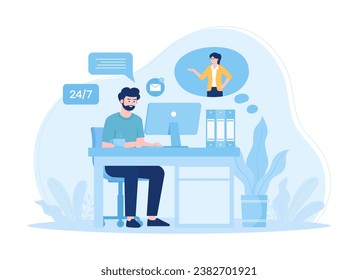 Customer service technical support consults with clients and helps them trending concept flat illustration