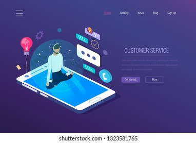 Servicio al cliente. Asistencia técnica, operador de línea de ayuda consultó a los clientes. Servicio de asistencia, soporte móvil, administrador de asistencia en línea. Chat en línea, trabajar con comentarios, comentarios. Vector isométrico.