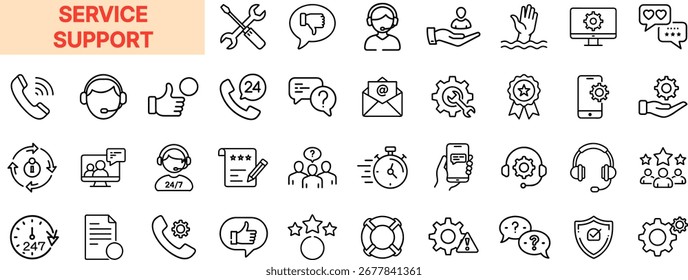 Servicio al cliente y línea de Asistencia técnica Diseño de íconos con centro de llamadas, línea directa, Comentarios de Clientes, servicio de asistencia telefónica, mensaje de chat, calificación, Configuraciones, Asistencia de correo electrónico y operador 