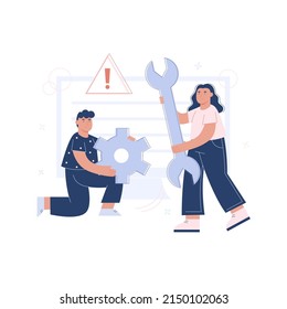 Customer service or technical support professionals hold a wrench and a gear in their hand. Online support or help concept, e-commerce banner, landing page design.
