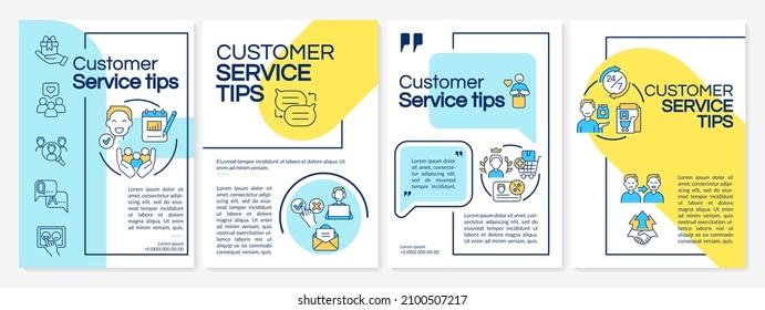 Customer service tips blue and yellow brochure template. Booklet print design with linear icons. Vector layouts for presentation, annual reports, ads. Questrial-Regular, Lato-Regular fonts used