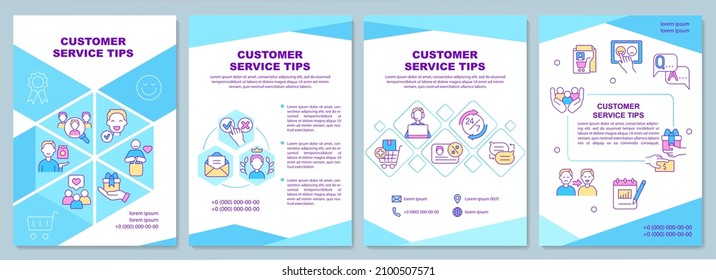 Customer service tips brochure template. Rules and principles. Booklet print design with linear icons. Vector layouts for presentation, annual reports, ads. Arial-Black, Myriad Pro-Regular fonts used