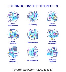 Customer service tips concept icons set. Marketing and commerce idea thin line color illustrations. Isolated outline drawings. Editable stroke. Roboto-Medium, Myriad Pro-Bold fonts used