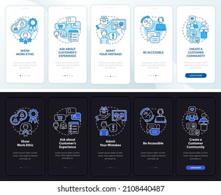 Customer service tips night and day mode onboarding mobile app screen. Walkthrough 5 steps graphic instructions pages with linear concepts. UI, UX, GUI template. Myriad Pro-Bold, Regular fonts used