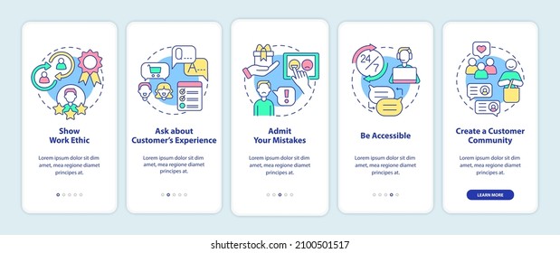 Consejos de servicio al cliente a bordo de la pantalla de aplicación móvil. Soporte de páginas de instrucciones gráficas de 5 pasos con conceptos lineales. UI, UX, plantilla GUI. Multitud de tipos de letra Pro-Bold, con uso regular