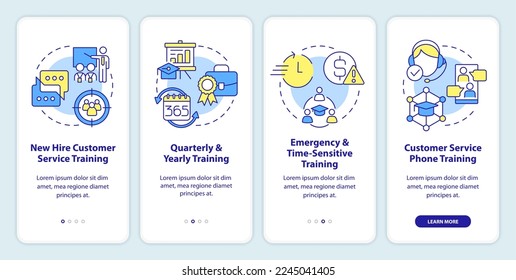 Customer service training types onboarding mobile app screen. Business walkthrough 4 steps editable graphic instructions with linear concepts. UI, UX, GUI template. Myriad Pro-Bold, Regular fonts used