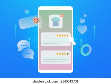 Customer service and user experience concept illustration. Liking, reviewing, feedback rating and m-commerce evaluating the online service by the client.