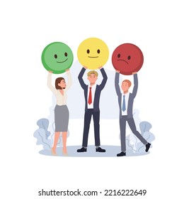 Servicio al cliente y concepto de experiencia de usuario.Personas con diferentes emojis para mostrar una calificación de satisfacción positiva, negativa y neutral. revisión ,ilustración vectorial