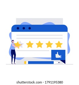 Customer service and user experience vector illustration concept with characters. Client giving five star feedback and leaving positive review. Modern flat style for web banner, hero images.