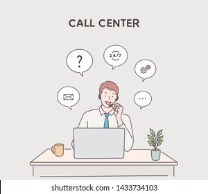 Customer service using laptop with speech bubble to communication. Hand drawn style vector design illustrations.