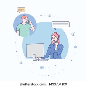 Customer service using laptop with speech bubble to communication. Hand drawn style vector design illustrations.