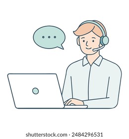 Servicio al cliente usando el ordenador portátil con la burbuja de voz para la comunicación de la Ilustración vectorial plana sobre fondo blanco