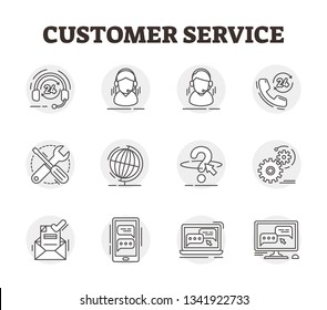 Customer service vector icon collection set illustration. Outlined helpdesk concept with operator assistance. Communication assistance center to support clients hotline. BW technical fix online help.