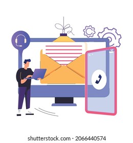 Customer service vector illustration. Man with headphones and microphone with laptop. Concept illustration for support, get in touch, call center, online assistance, FAQ, e-support system, live chat.