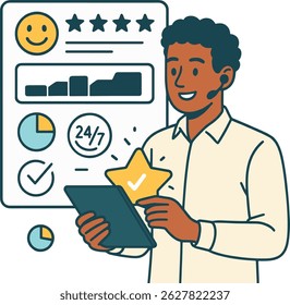 Ilustração do vetor de atendimento ao cliente com classificação de estrelas e suporte 24 horas por dia, 7 dias por semana.