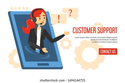 Diseño de banner web de servicio al cliente aislado. Ayuda en línea para empresas, operador femenino con auriculares responde a la pregunta. Auxiliar de Internet