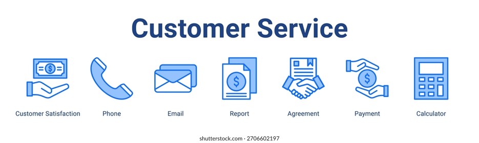 Concepto de Ilustración vectorial de ícono de Anuncio de Web de Servicio al cliente con satisfacción del Cliente, teléfono, correo electrónico, informe, Acuerdo, pago y calculadora en un conjunto de colecciones.