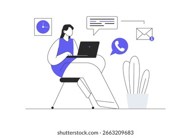 Customer service web concept. Call center operator talking with clients, speaking and consulting, getting feedback. Flat Cartoon Vector Illustration, icon Stylish abstract design landing page web