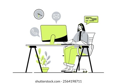 Customer service web concept with flat cartoon people for website design. Call center operator in headphones talking with clients, speaking and consulting, getting feedback. Vector illustration.