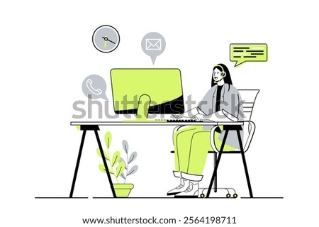 Customer service web concept with flat cartoon people for website design. Call center operator in headphones talking with clients, speaking and consulting, getting feedback. Vector illustration.