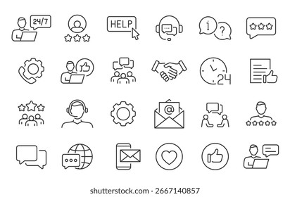 Customer service web icon set in line style. Support, help, online, feedback, assistance, collection. Vector illustration.	