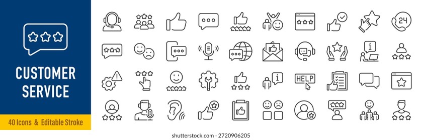 Customer service web icon set in line style. Support, help, online, feedback, assistance, collection. Editable stroke. Vector illustration.	