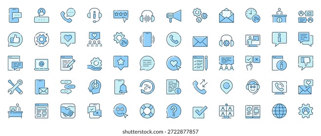 Customer service web icons set in line design. Duotone pictogram pack of message, call, answer client, headset, rating, feedback, technical support, more outline stroke signs. Vector illustration.