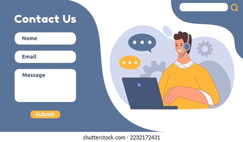 Customer service. Web support landing. Contact with operator. Online feedback form of helpdesk or chat. Help and advise for clients. Vector illustration tidy website interface template - Powered by Shutterstock - Get 15% off with code: PIKWIZARD15