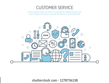 Customer service website banner. For call center support mobile app, help, feedback, operator, 24 hours support service info poster concept template. Thin line web symbols outline flat